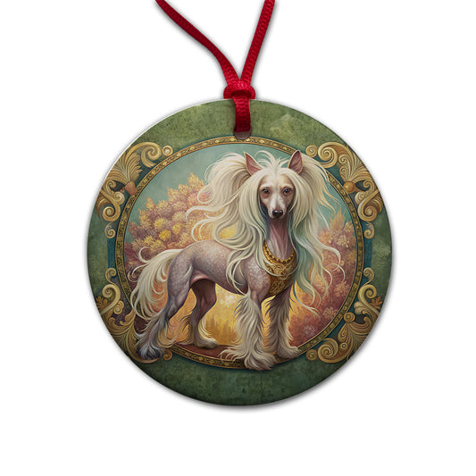 Chinese Crested Dog Art Nouveau Round Ceramic Holiday Christmas Tree Ornament