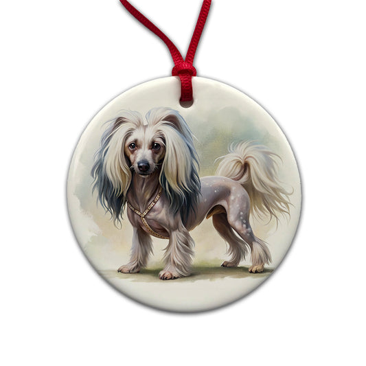 Chinese Crested Dog Illustration Round Ceramic Holiday Christmas Tree Ornament