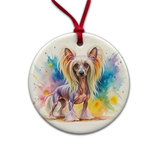 Chinese Crested Dog Watercolor Style Round Ceramic Holiday Christmas Tree Ornament