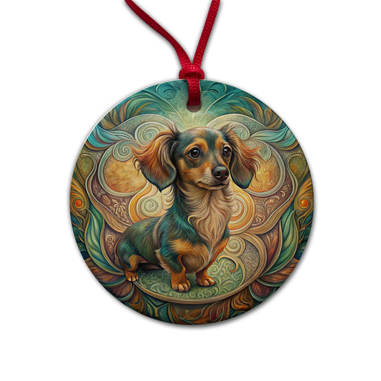 Chiweenie Dog Art Nouveau Round Ceramic Holiday Christmas Tree Ornament
