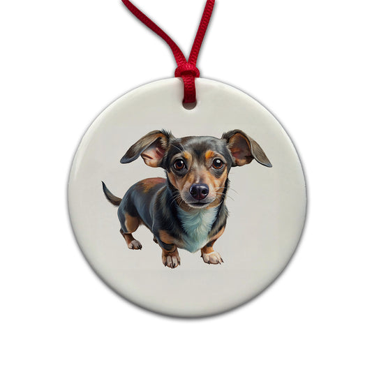 Chiweenie Dog Illustration Round Ceramic Holiday Christmas Tree Ornament