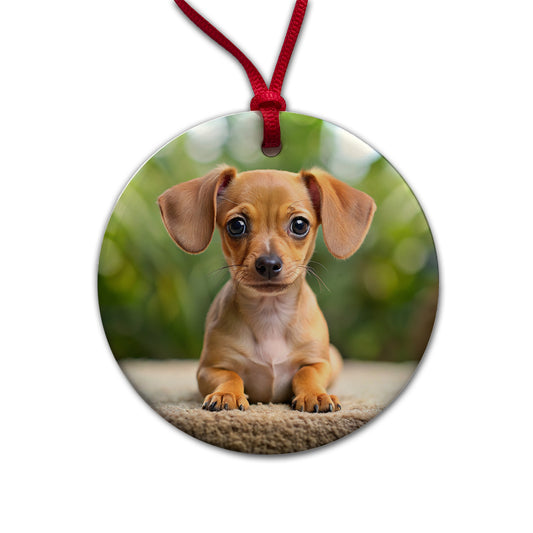 Chiweenie Dog Puppy Photo Round Ceramic Holiday Christmas Tree Ornament