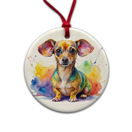 Chiweenie Dog Watercolor Style Round Ceramic Holiday Christmas Tree Ornament