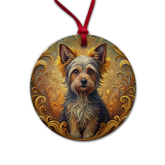 Chorkie Dog Art Nouveau Round Ceramic Holiday Christmas Tree Ornament