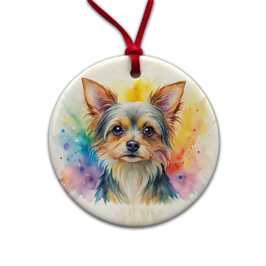 Chorkie Dog Watercolor Style Round Ceramic Holiday Christmas Tree Ornament