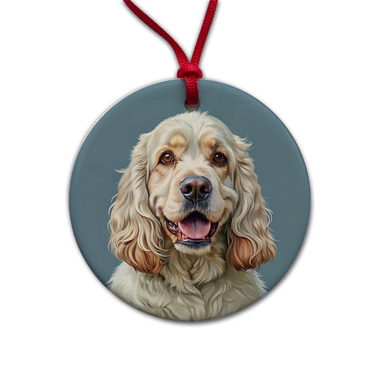 Clumber Spaniel Dog Illustration Round Ceramic Holiday Christmas Tree Ornament