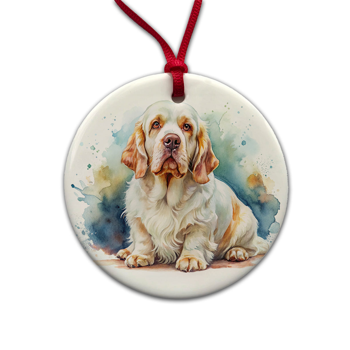 Clumber Spaniel Dog Watercolor Style Round Ceramic Holiday Christmas Tree Ornament