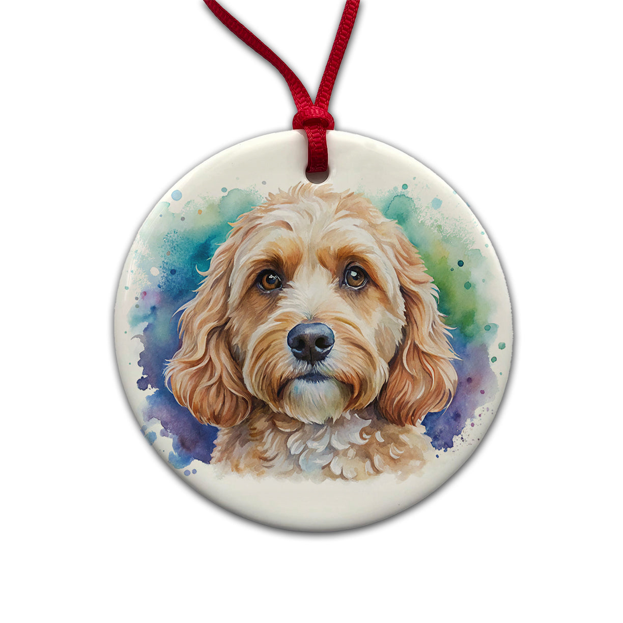 Cockapoo Dog Watercolor Style Round Ceramic Holiday Christmas Tree Ornament