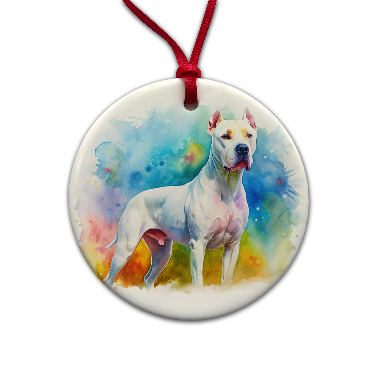 Dogo Argentino Dog Watercolor Style Round Ceramic Holiday Christmas Tree Ornament