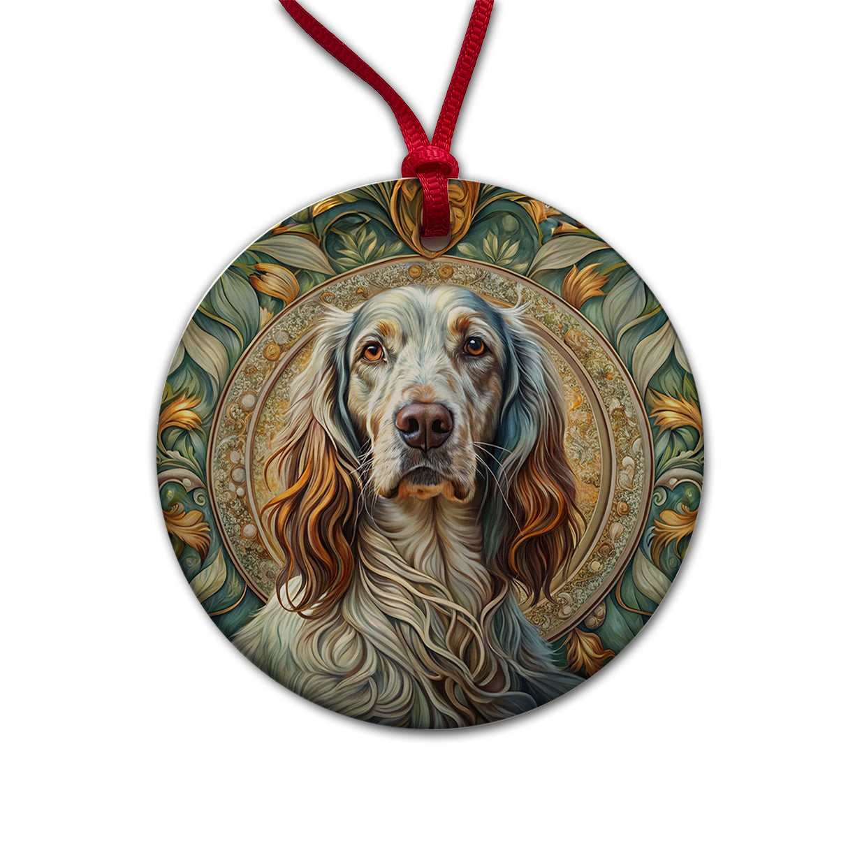 English Setter Dog Art Nouveau Round Ceramic Holiday Christmas Tree Ornament