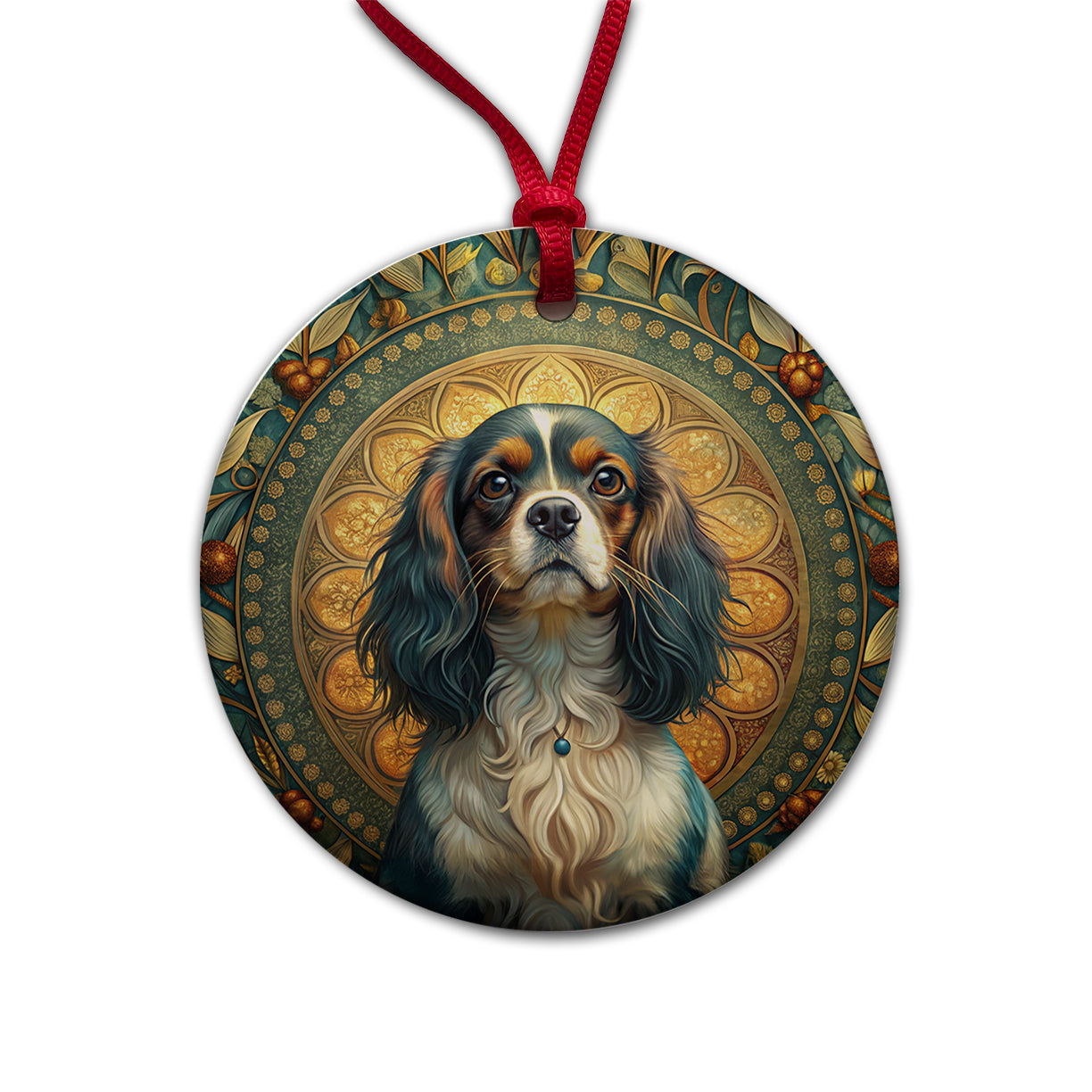 English Toy Spaniel Dog Art Nouveau Round Ceramic Holiday Christmas Tree Ornament