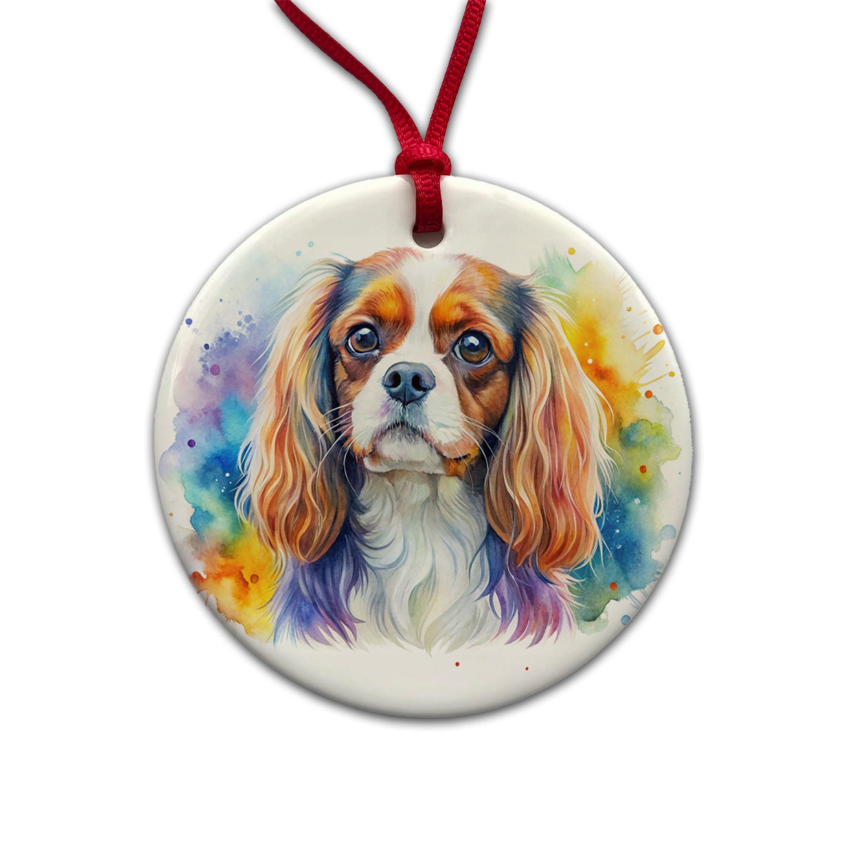 English Toy Spaniel Dog Watercolor Style Round Ceramic Holiday Christmas Tree Ornament