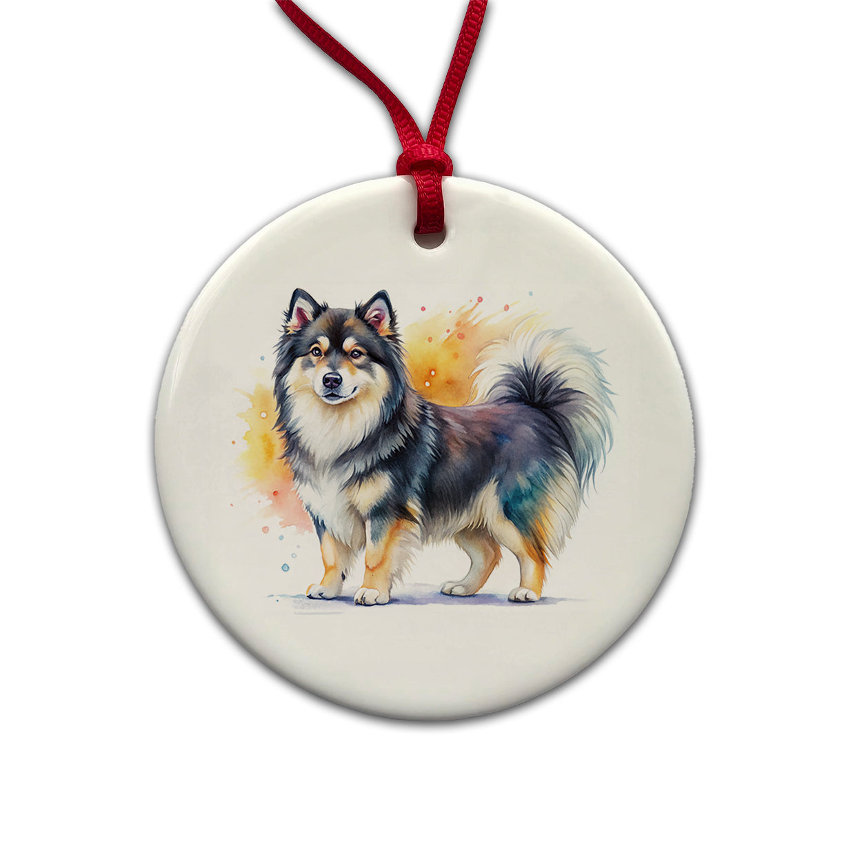 Finnish Lapphund Dog Watercolor Style Round Ceramic Holiday Christmas Tree Ornament