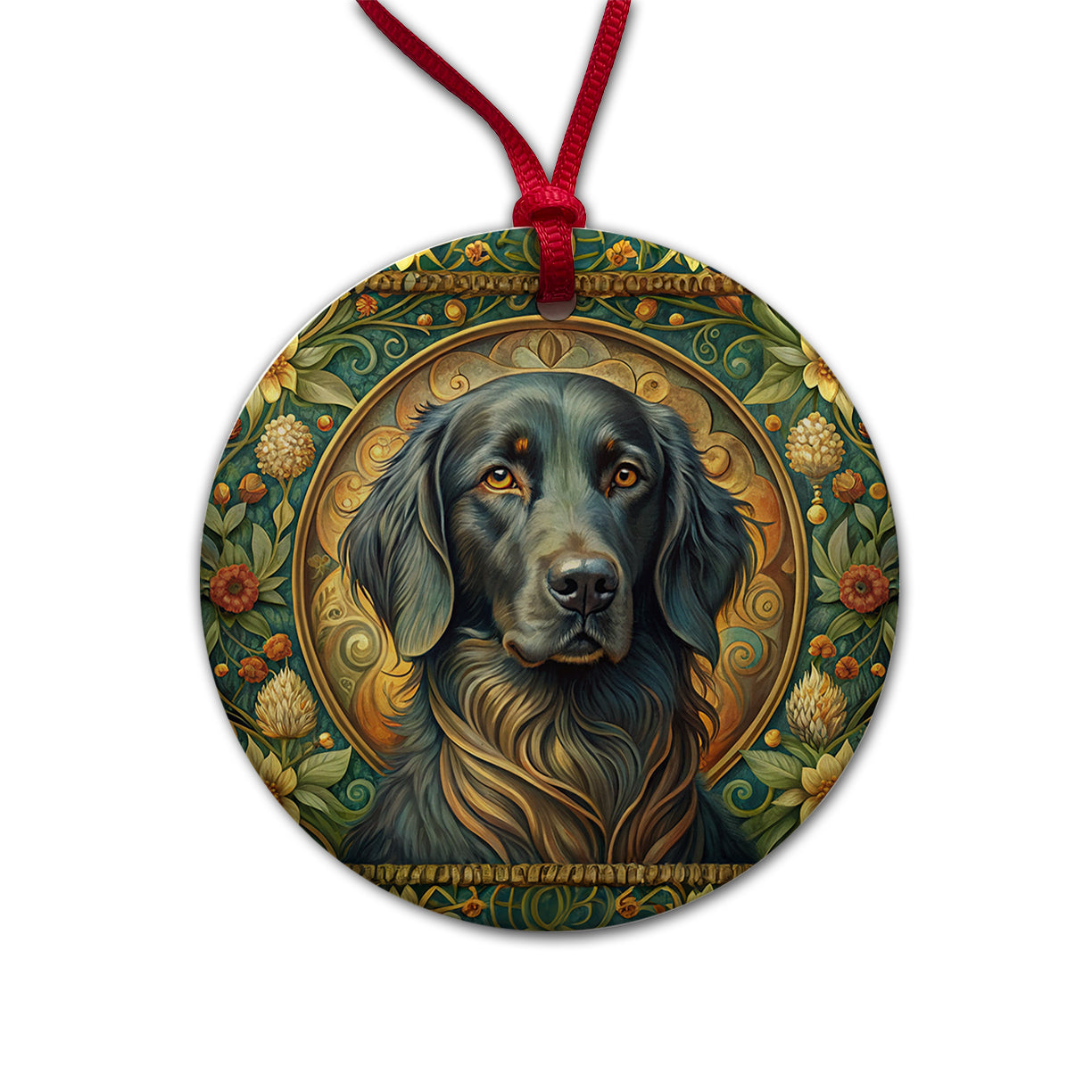 Flat Coated Retriever Dog Art Nouveau Round Ceramic Holiday Christmas Tree Ornament