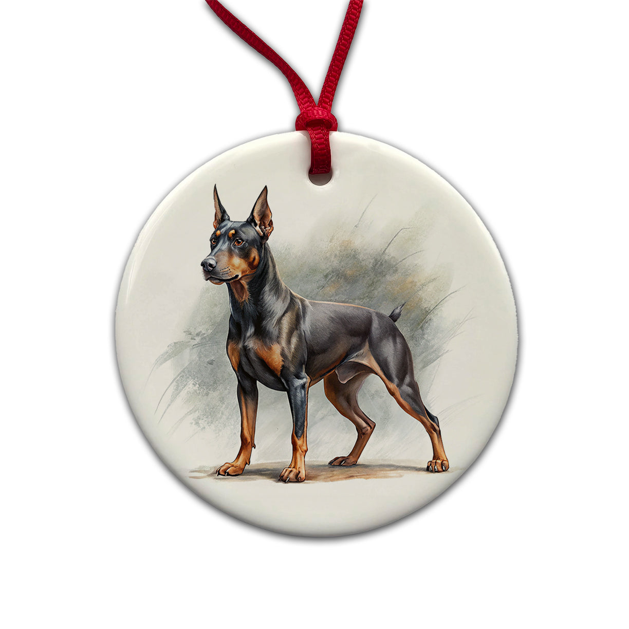 German Pinscher Dog Illustration Round Ceramic Holiday Christmas Tree Ornament