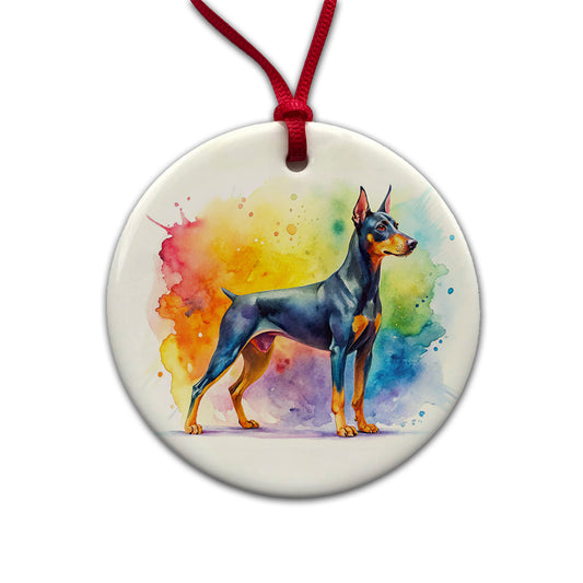 German Pinscher Dog Watercolor Style Round Ceramic Holiday Christmas Tree Ornament