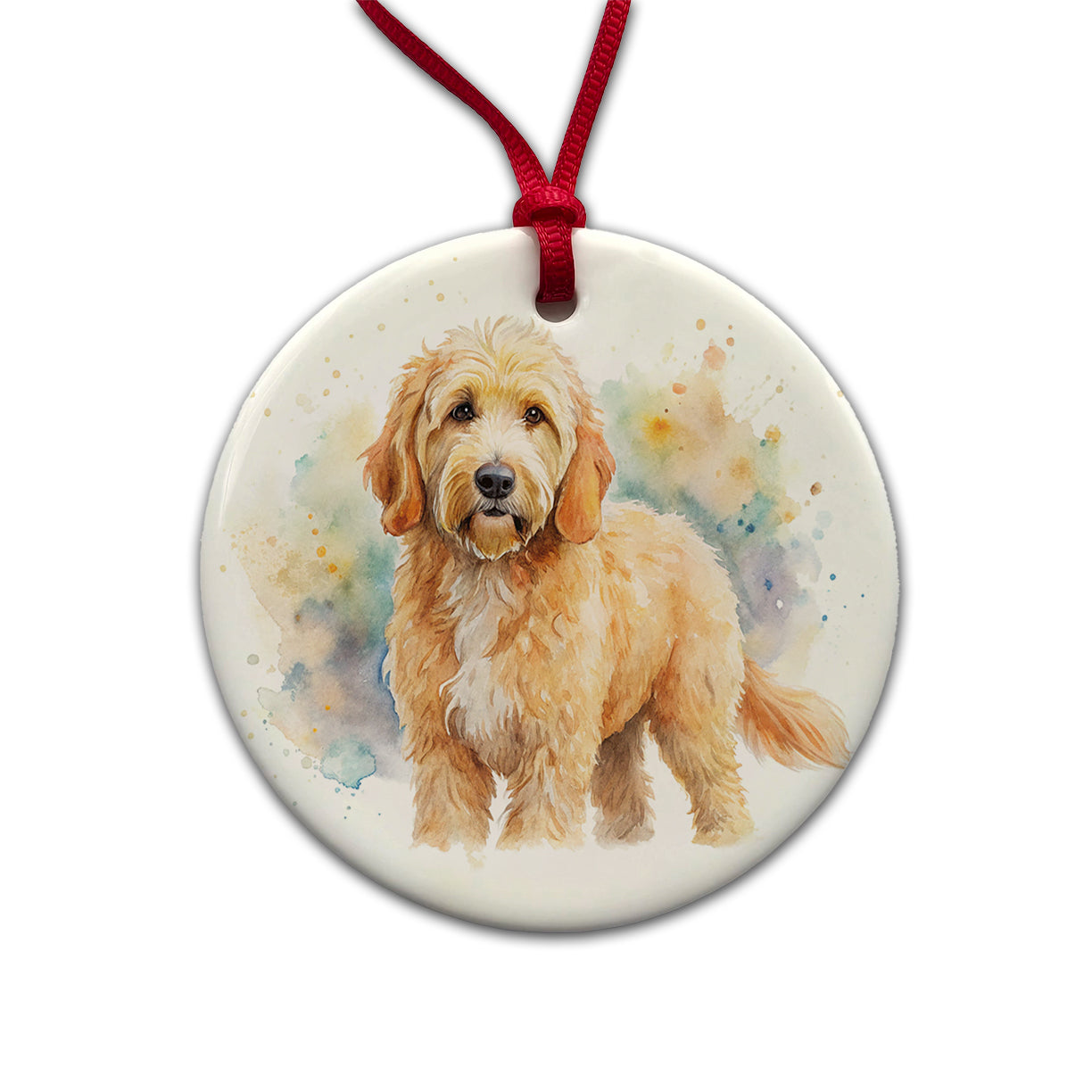 Goldendoodle Dog Watercolor Style Round Ceramic Holiday Christmas Tree Ornament