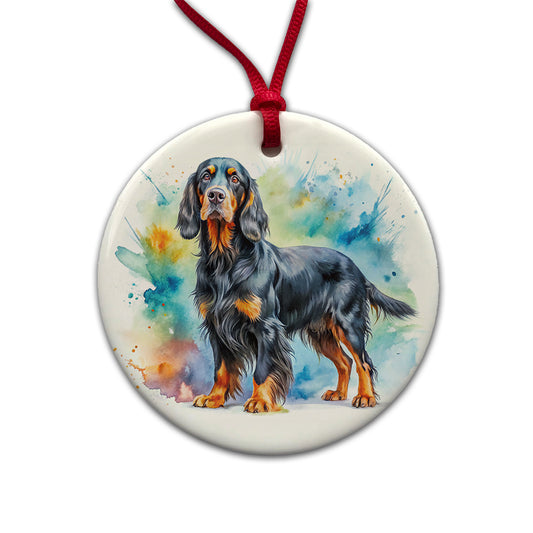 Gordon Setter Dog Watercolor Style Round Ceramic Holiday Christmas Tree Ornament