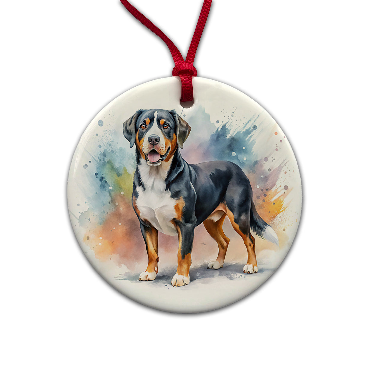 Greater Swiss Mountain Dog Watercolor Style Round Ceramic Holiday Christmas Tree Ornament