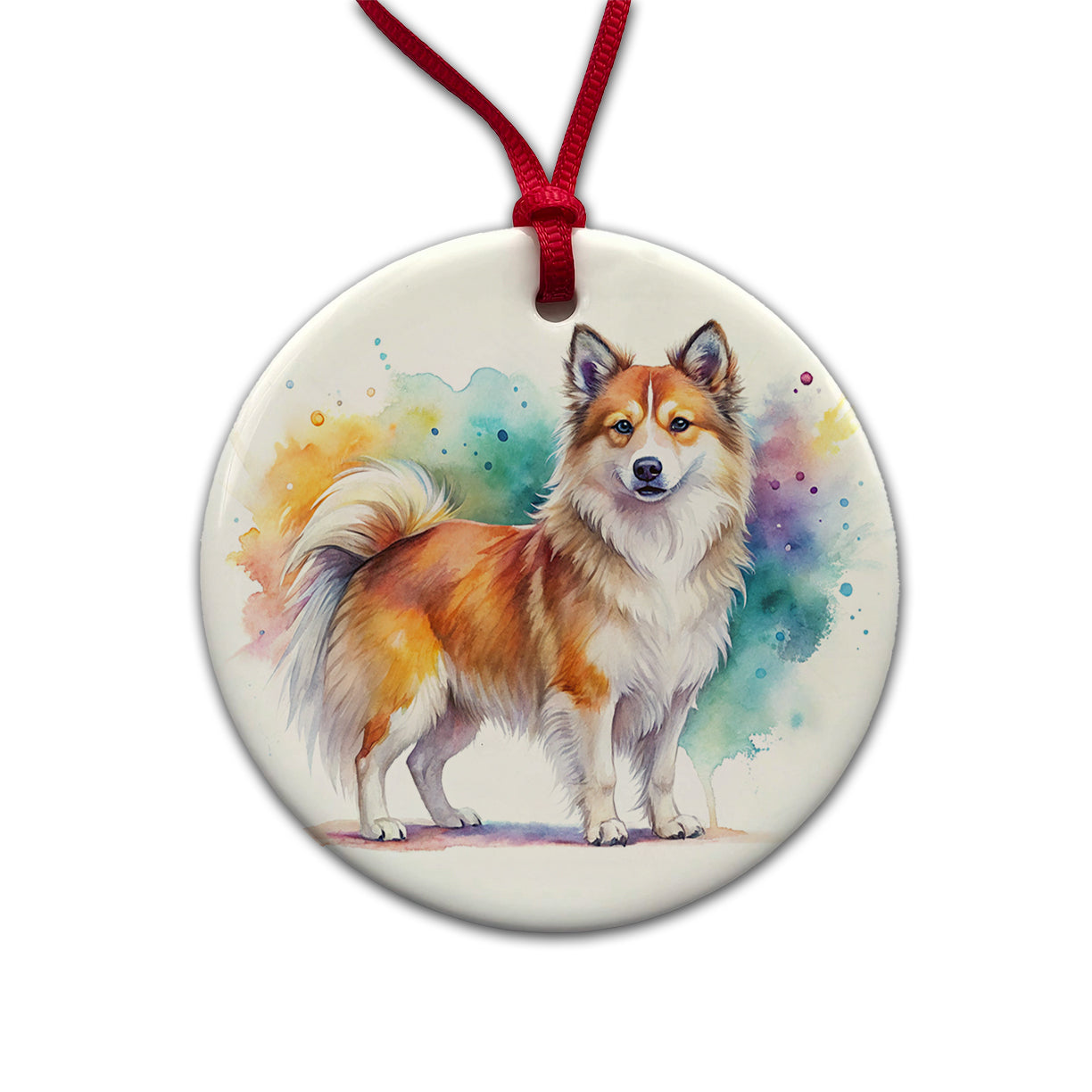 Icelandic Sheepdog Dog Watercolor Style Round Ceramic Holiday Christmas Tree Ornament