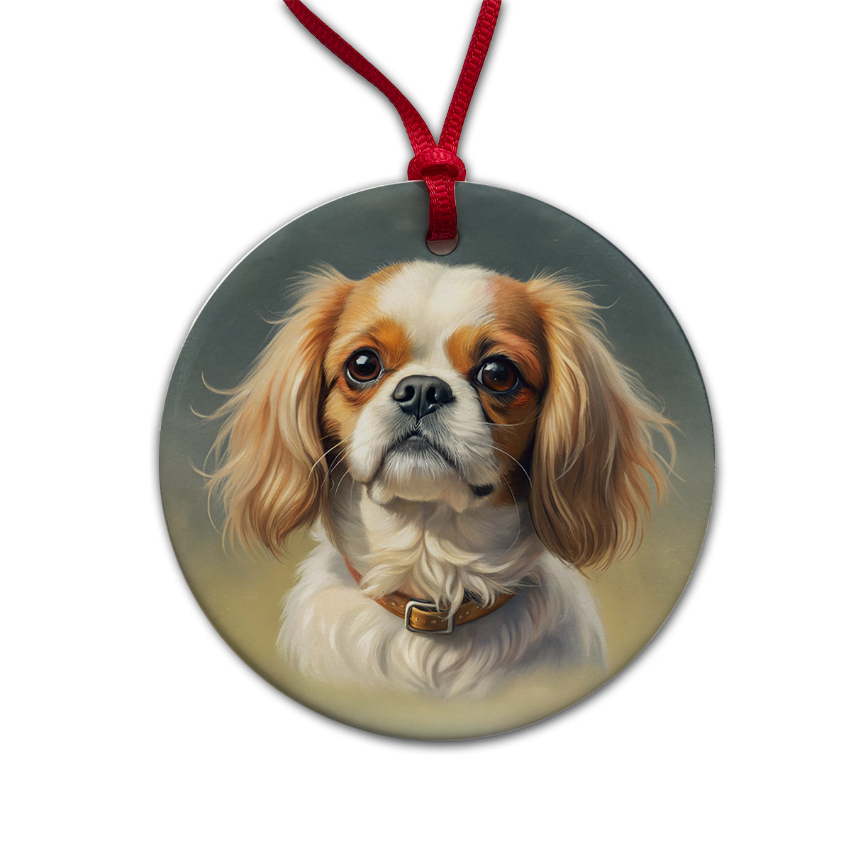 Japanese Chin Dog Illustration Round Ceramic Holiday Christmas Tree Ornament