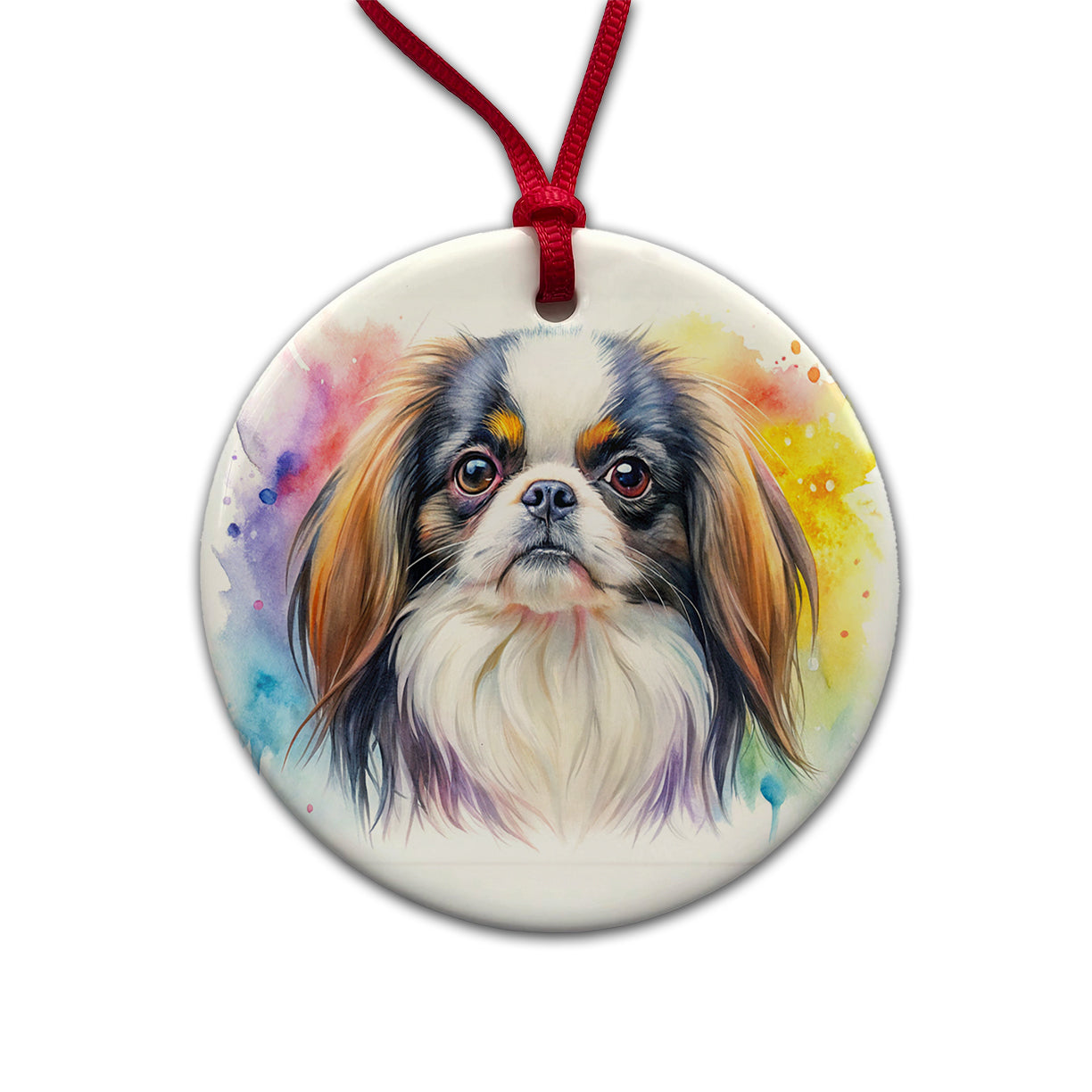 Japanese Chin Dog Watercolor Style Round Ceramic Holiday Christmas Tree Ornament