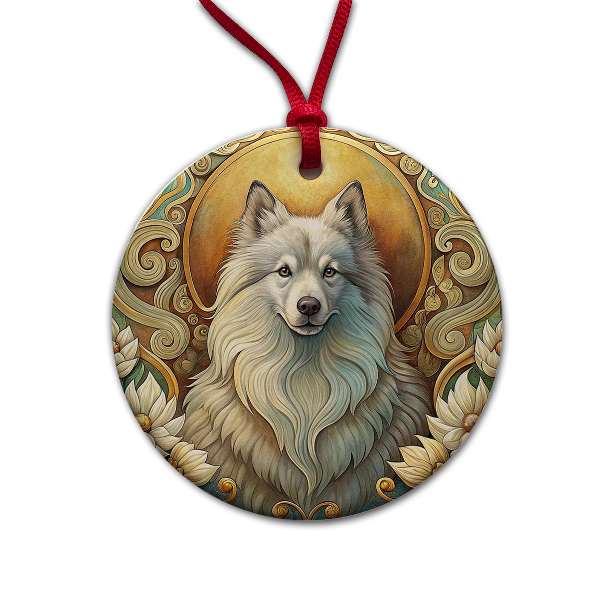 Keeshond Dog Art Nouveau Round Ceramic Holiday Christmas Tree Ornament