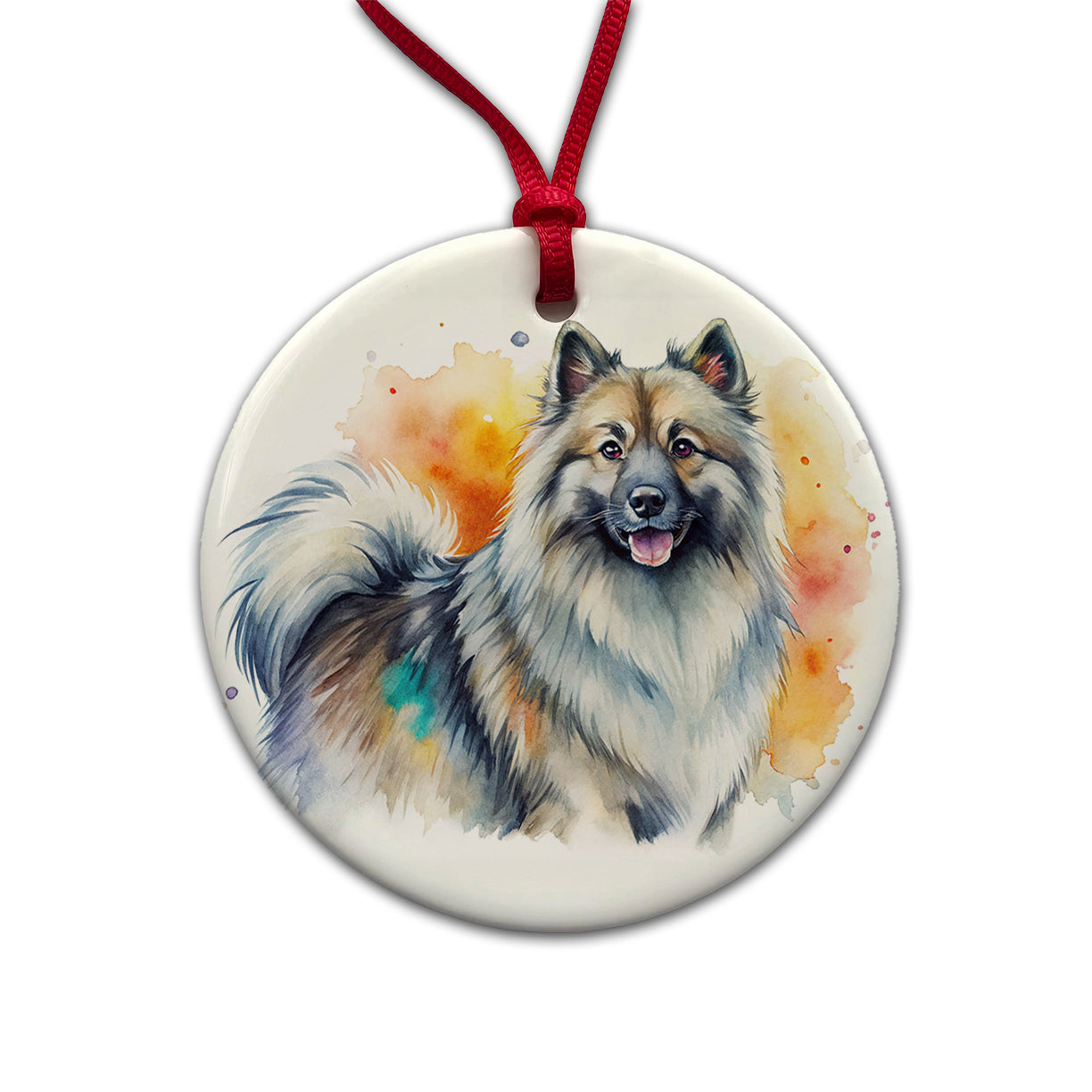 Keeshond Dog Watercolor Style Round Ceramic Holiday Christmas Tree Ornament