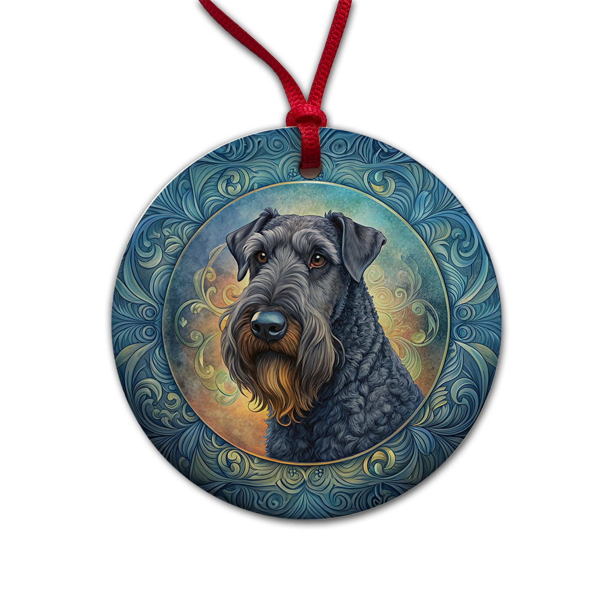 Kerry Blue Terrier Dog Art Nouveau Round Ceramic Holiday Christmas Tree Ornament