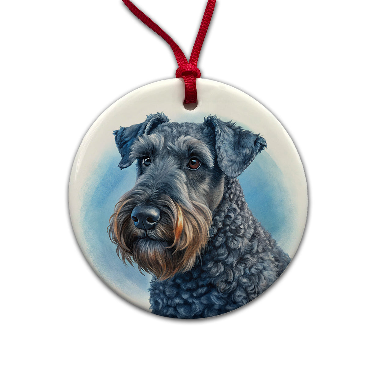 Kerry Blue Terrier Dog Illustration Round Ceramic Holiday Christmas Tree Ornament