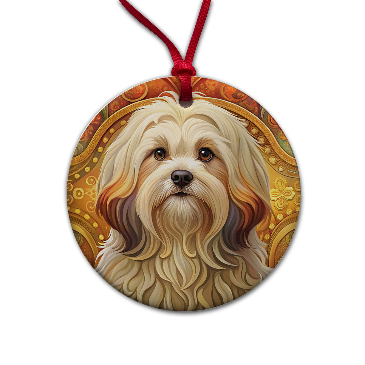 Lhasa Apso Dog Art Nouveau Round Ceramic Holiday Christmas Tree Ornament