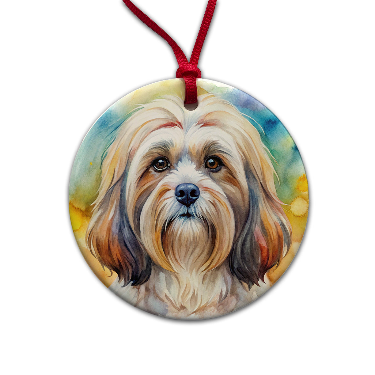 Lhasa Apso Dog Watercolor Style Round Ceramic Holiday Christmas Tree Ornament