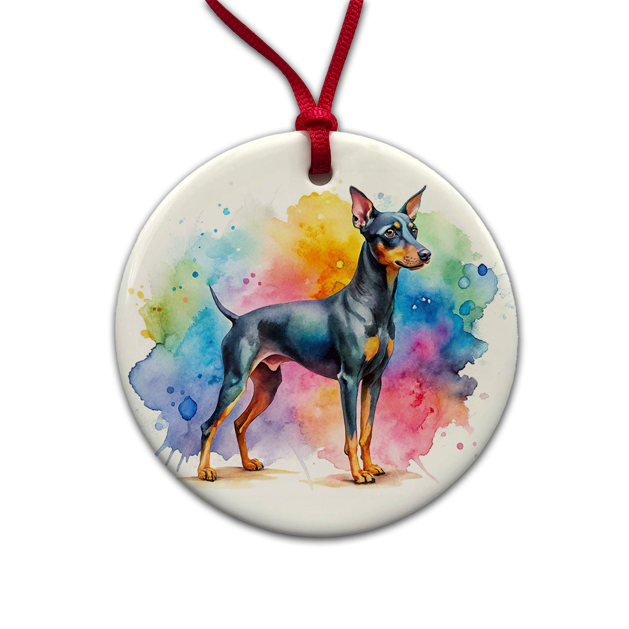 Manchester Terrier Dog Watercolor Style Round Ceramic Holiday Christmas Tree Ornament