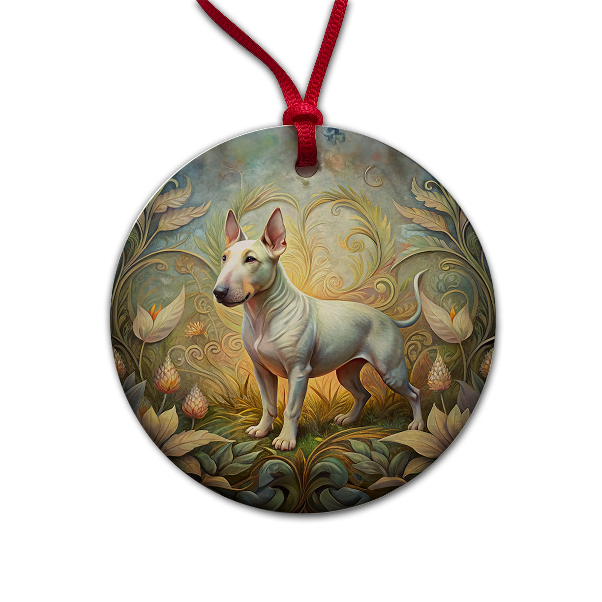 Miniature Bull Terrier Dog Art Nouveau Round Ceramic Holiday Christmas Tree Ornament