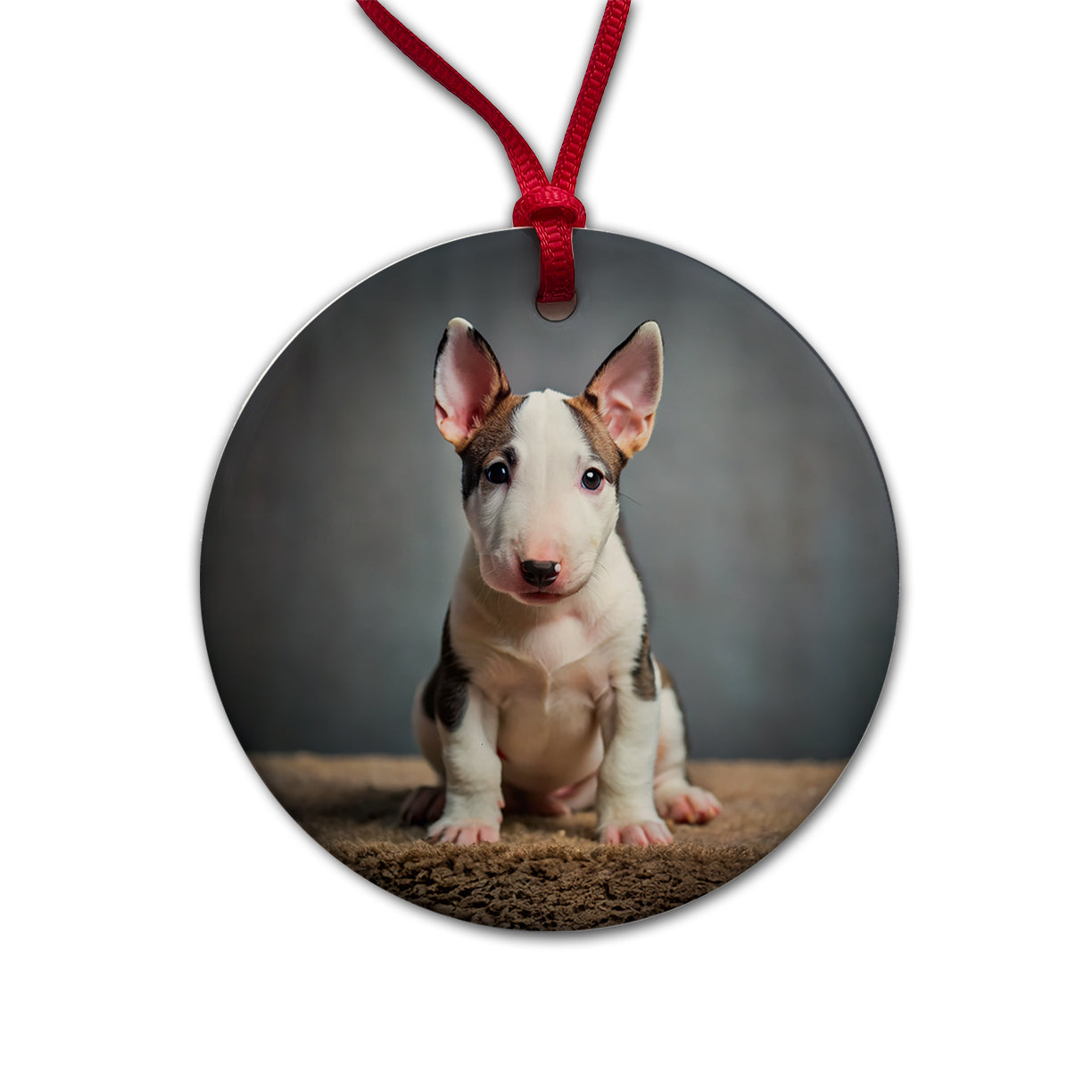 Miniature Bull Terrier Dog Puppy Photo Round Ceramic Holiday Christmas Tree Ornament