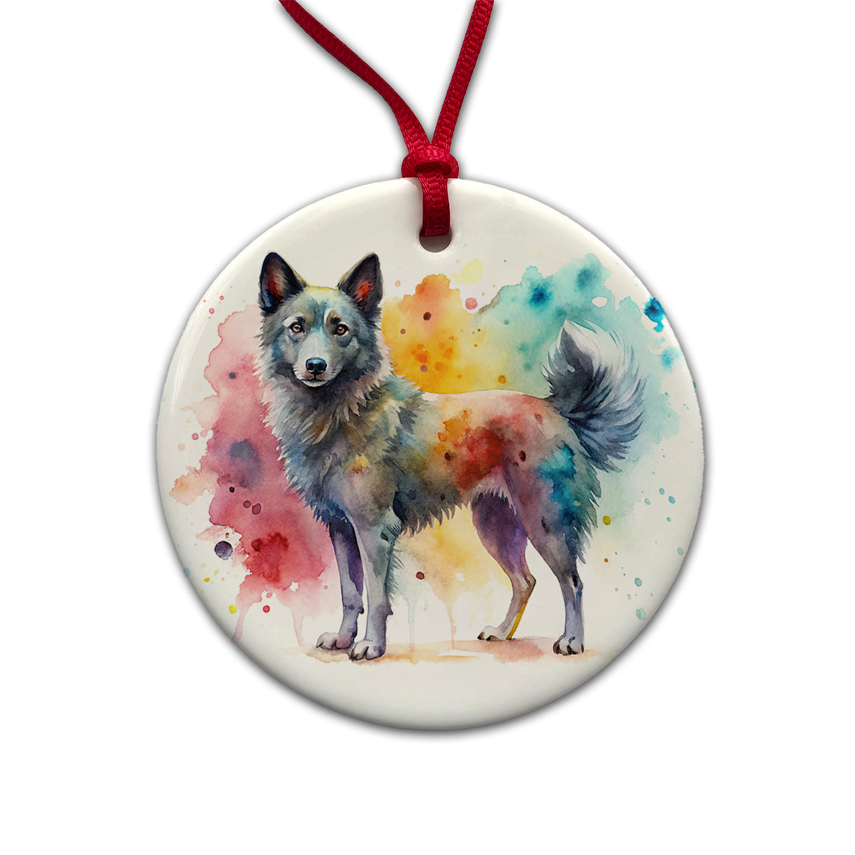 Mudi Dog Watercolor Style Round Ceramic Holiday Christmas Tree Ornament