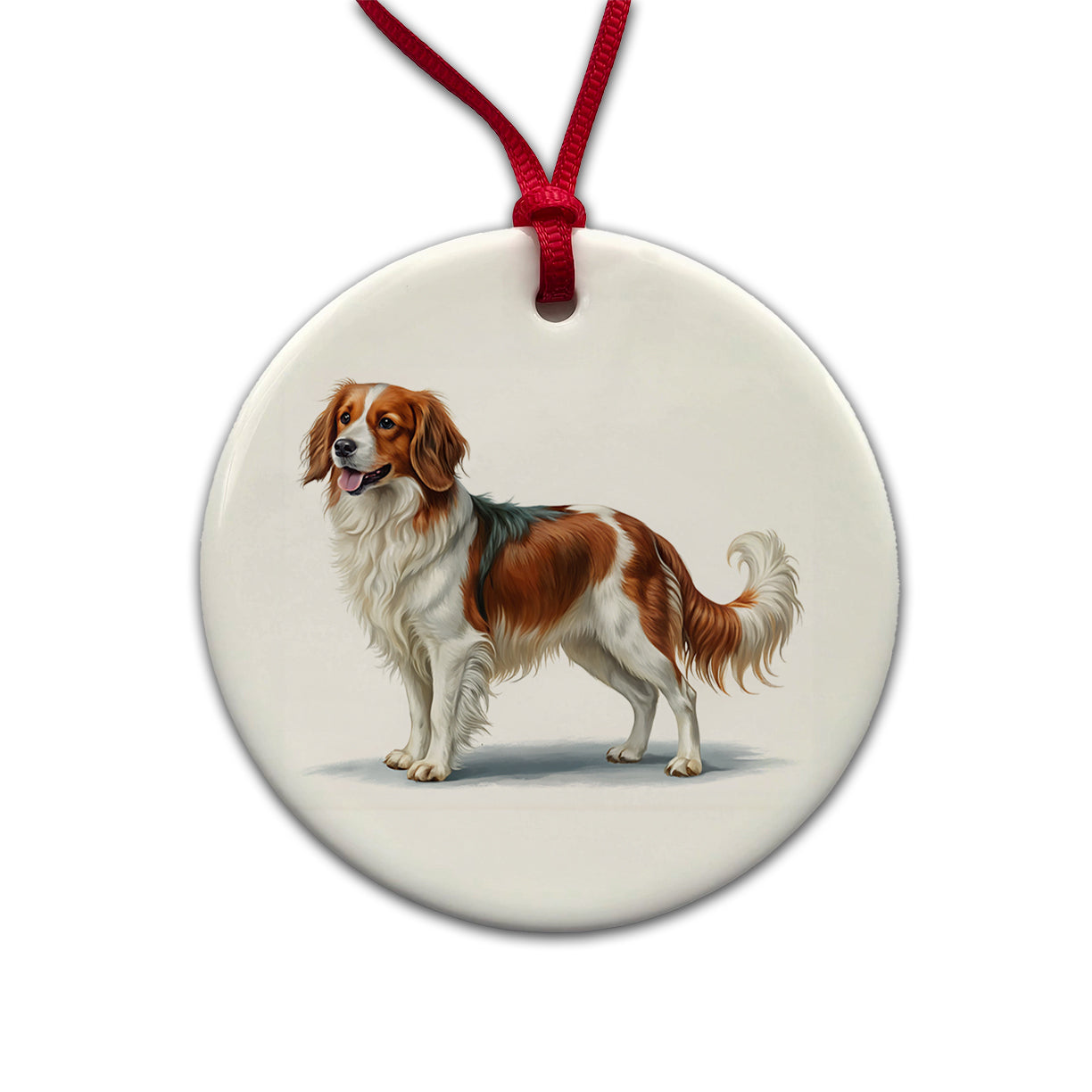 Nederlandse Kooikerhondje Dog Illustration Round Ceramic Holiday Christmas Tree Ornament