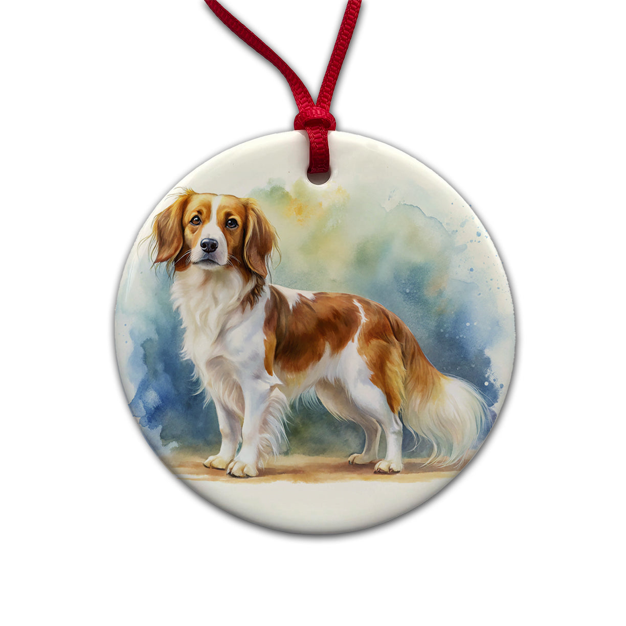Nederlandse Kooikerhondje Dog Watercolor Style Round Ceramic Holiday Christmas Tree Ornament