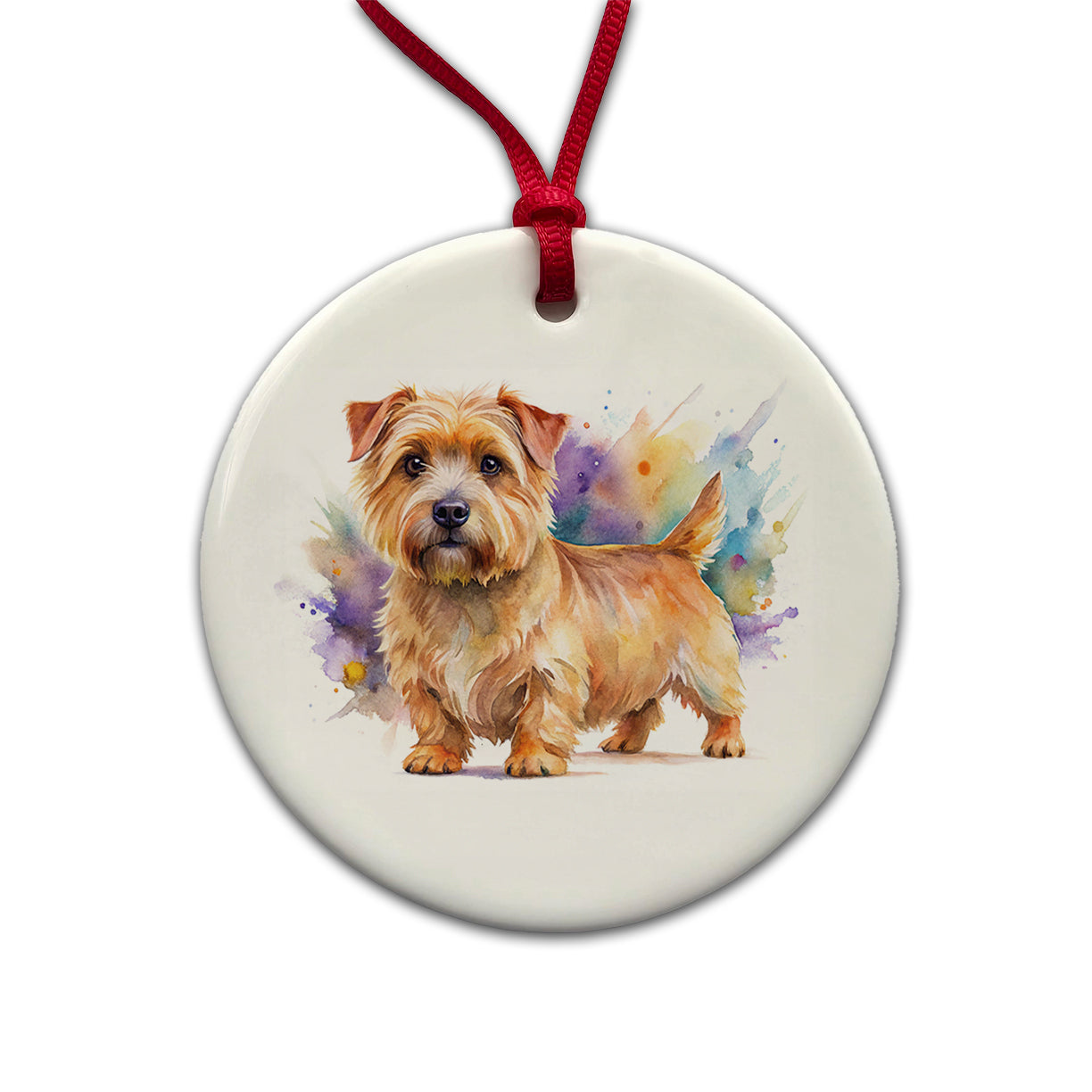 Norfolk Terrier Dog Watercolor Style Round Ceramic Holiday Christmas Tree Ornament