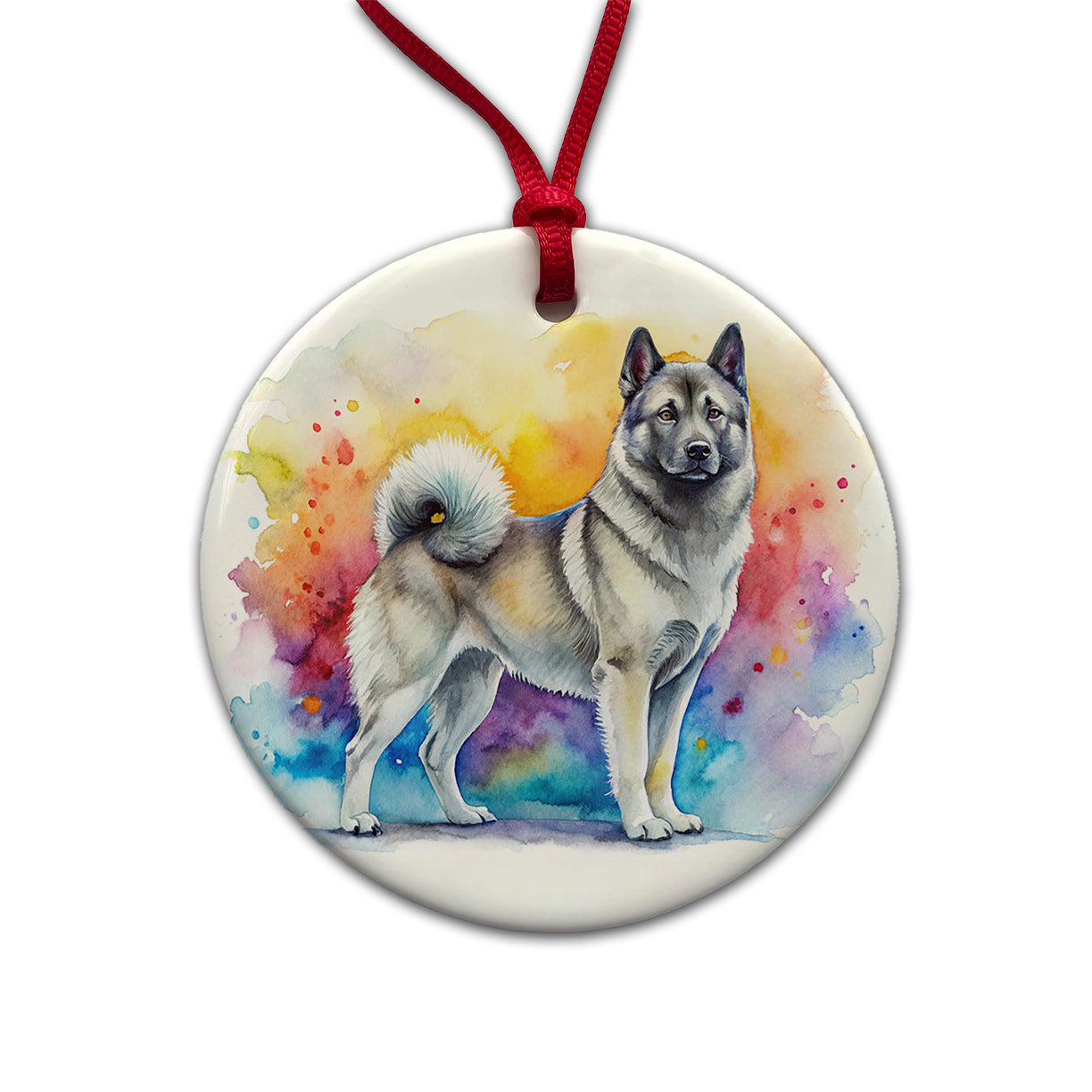 Norwegian Elkhound Dog Watercolor Style Round Ceramic Holiday Christmas Tree Ornament