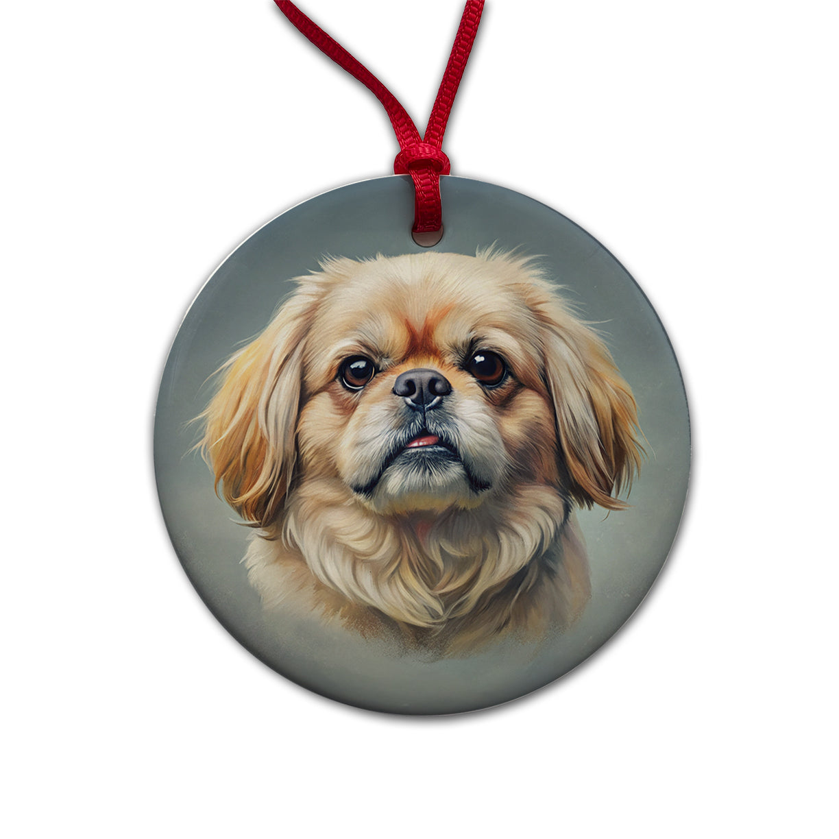 Pekingese Dog Illustration Round Ceramic Holiday Christmas Tree Ornament
