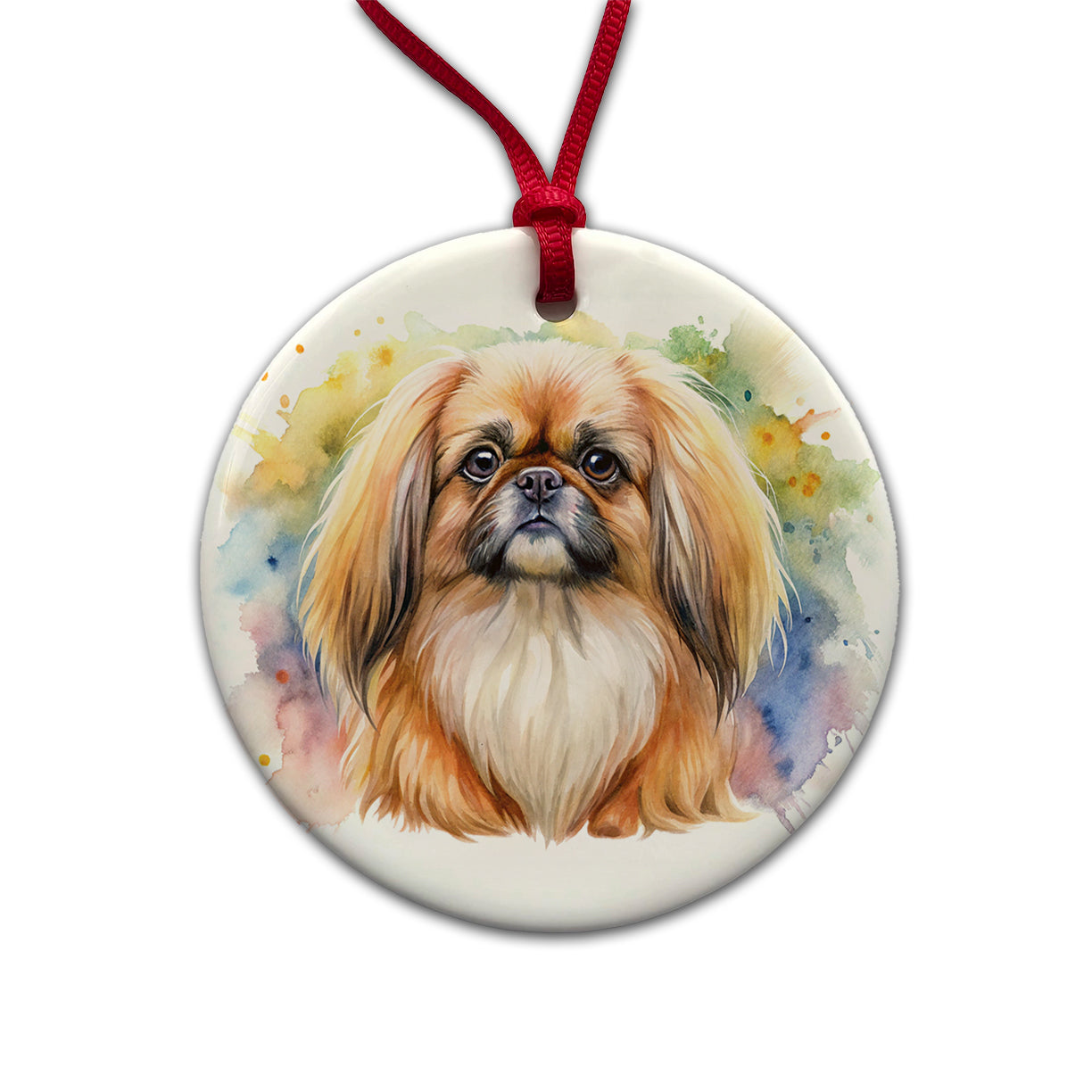 Pekingese Dog Watercolor Style Round Ceramic Holiday Christmas Tree Ornament