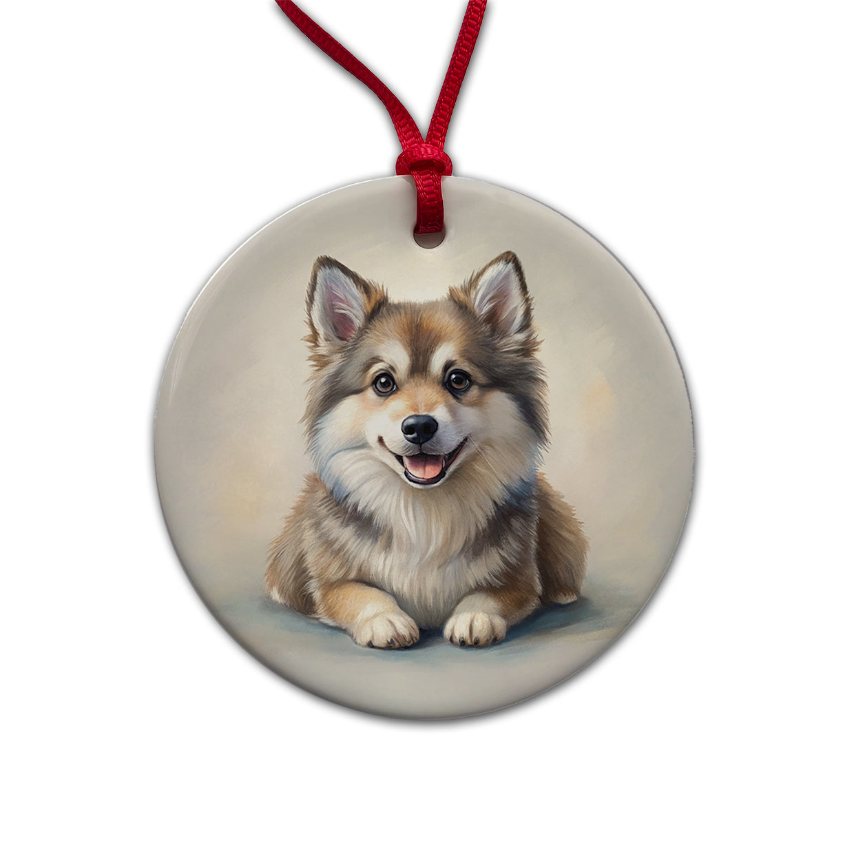 Pomsky Dog Illustration Round Ceramic Holiday Christmas Tree Ornament