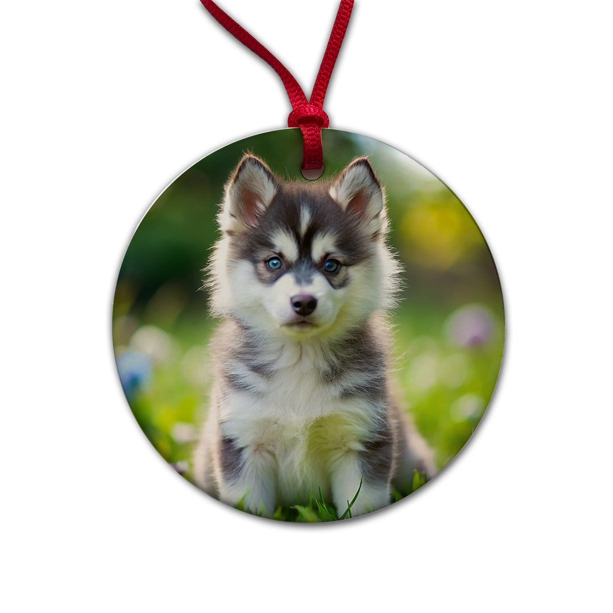 Pomsky Dog Puppy Photo Round Ceramic Holiday Christmas Tree Ornament