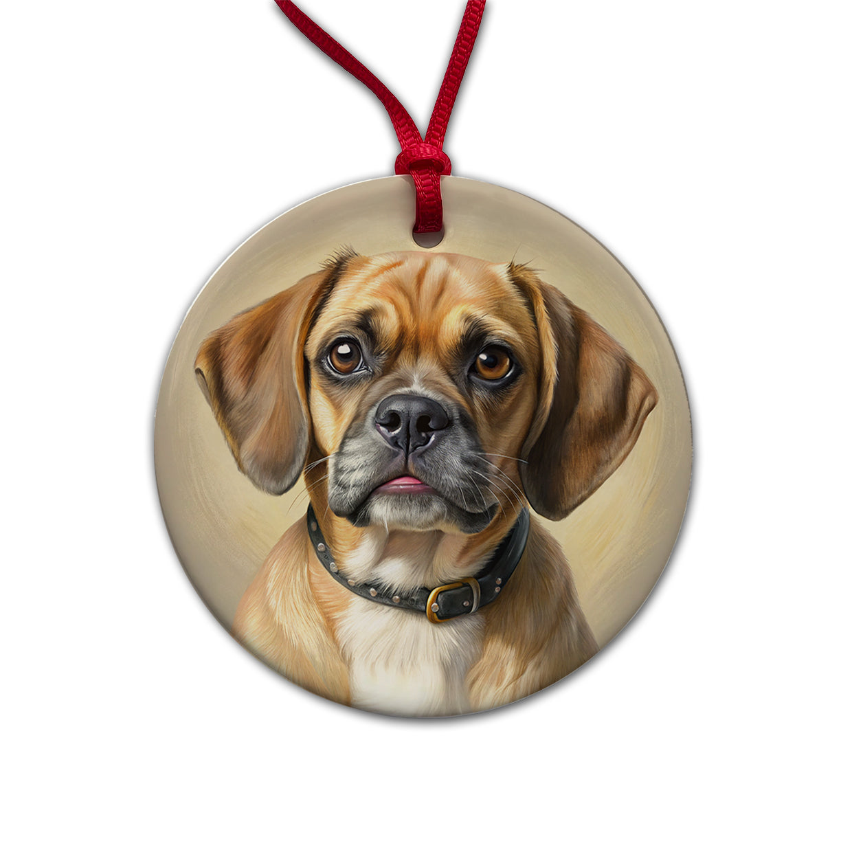 Puggle Dog Illustration Round Ceramic Holiday Christmas Tree Ornament