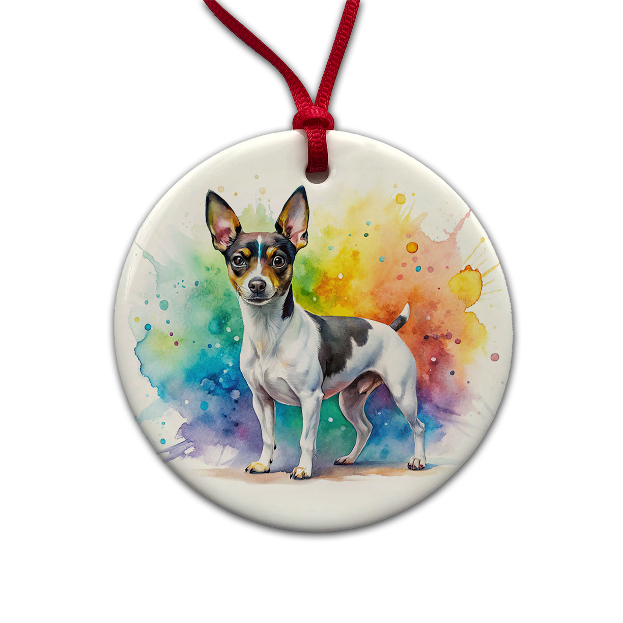 Rat Terrier Dog Watercolor Style Round Ceramic Holiday Christmas Tree Ornament