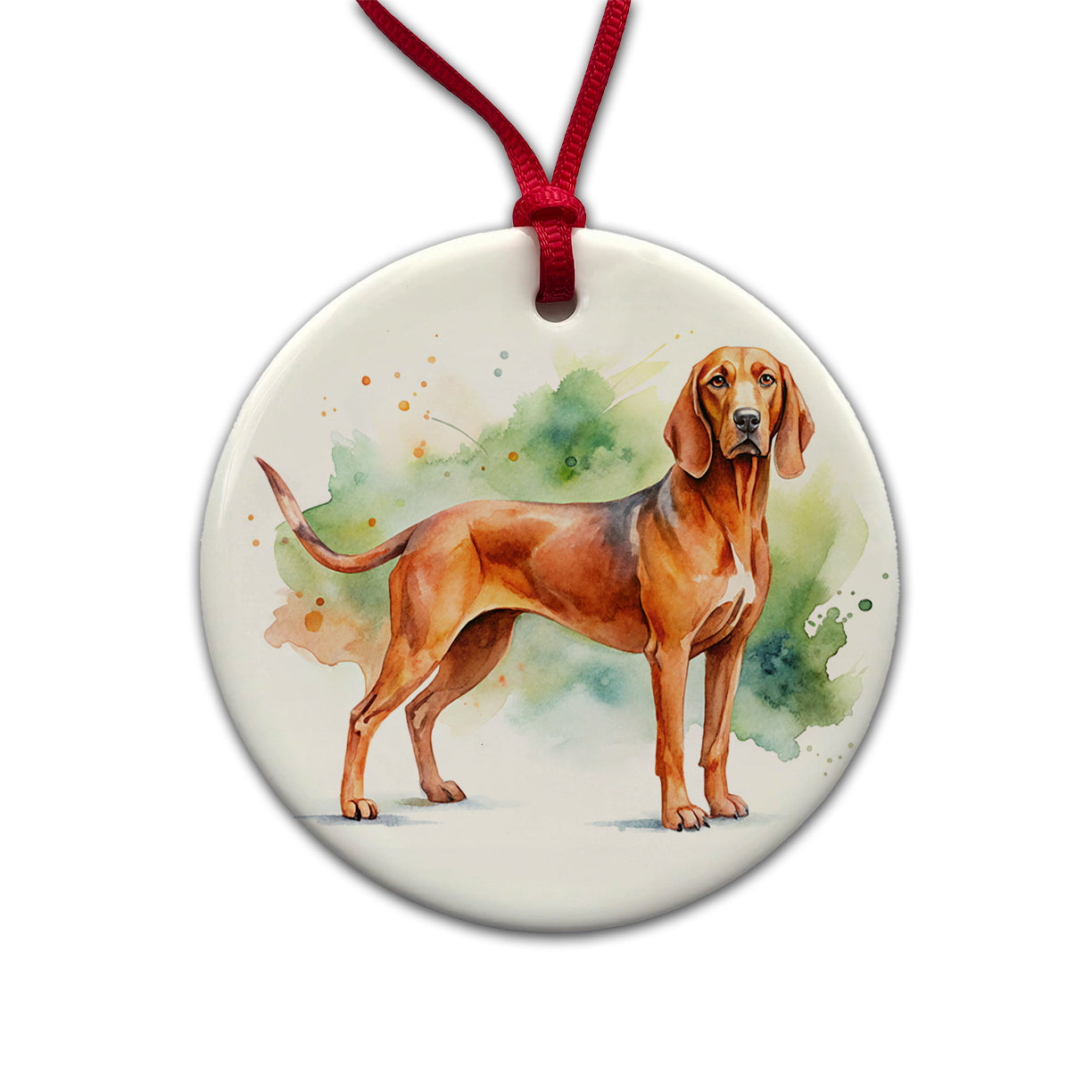 Redbone Coonhound Dog Watercolor Style Round Ceramic Holiday Christmas Tree Ornament