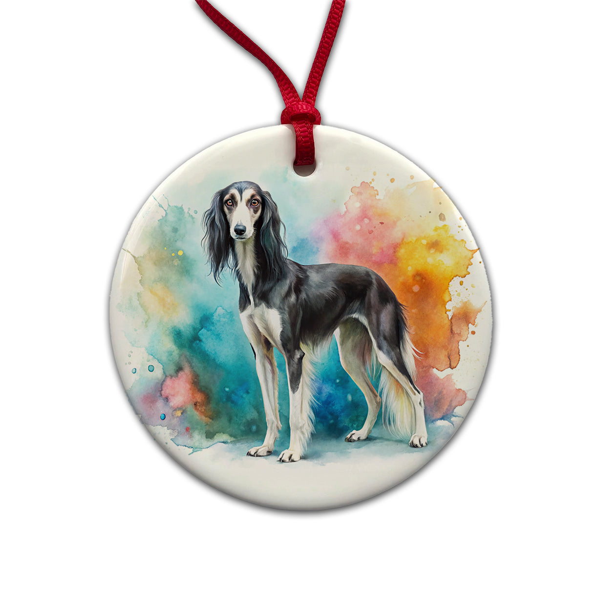 Saluki Dog Watercolor Style Round Ceramic Holiday Christmas Tree Ornament