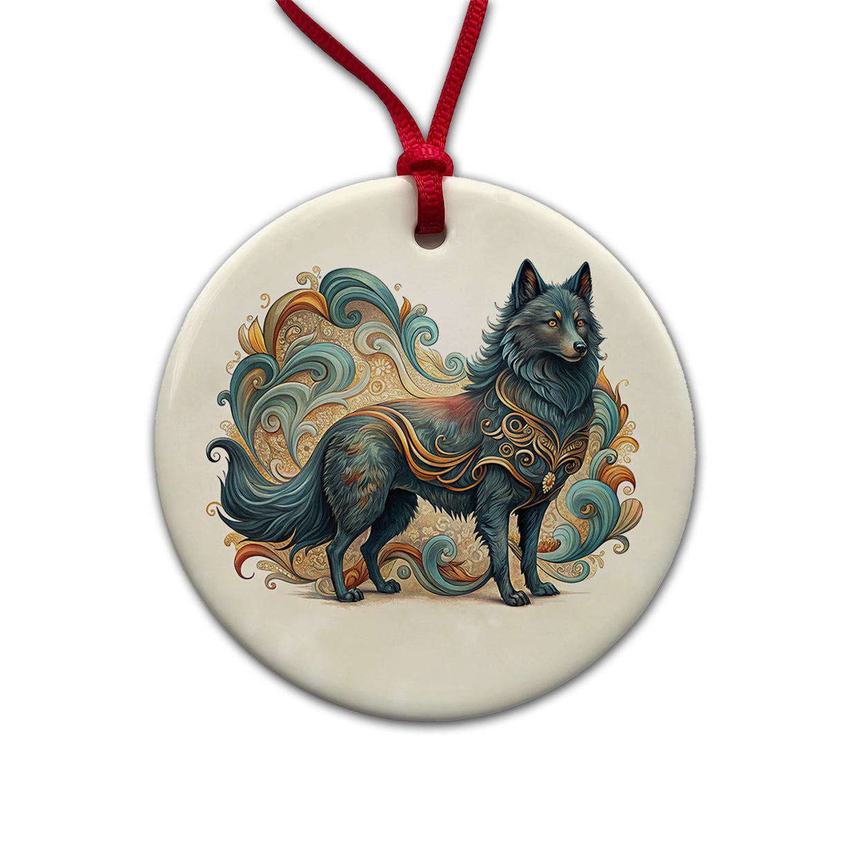 Schipperke Dog Art Nouveau Round Ceramic Holiday Christmas Tree Ornament