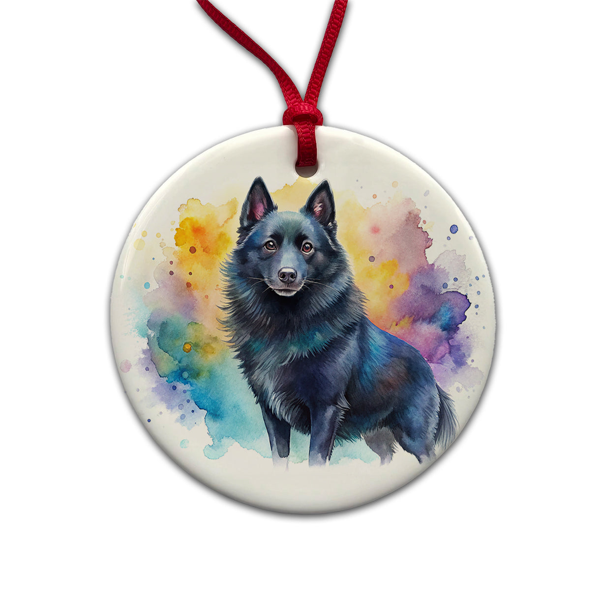 Schipperke Dog Watercolor Style Round Ceramic Holiday Christmas Tree Ornament